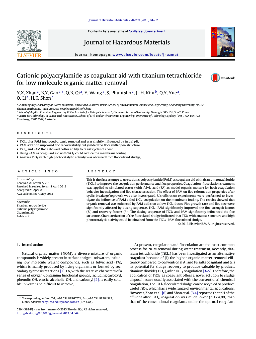 Cationic polyacrylamide as coagulant aid with titanium tetrachloride for low molecule organic matter removal