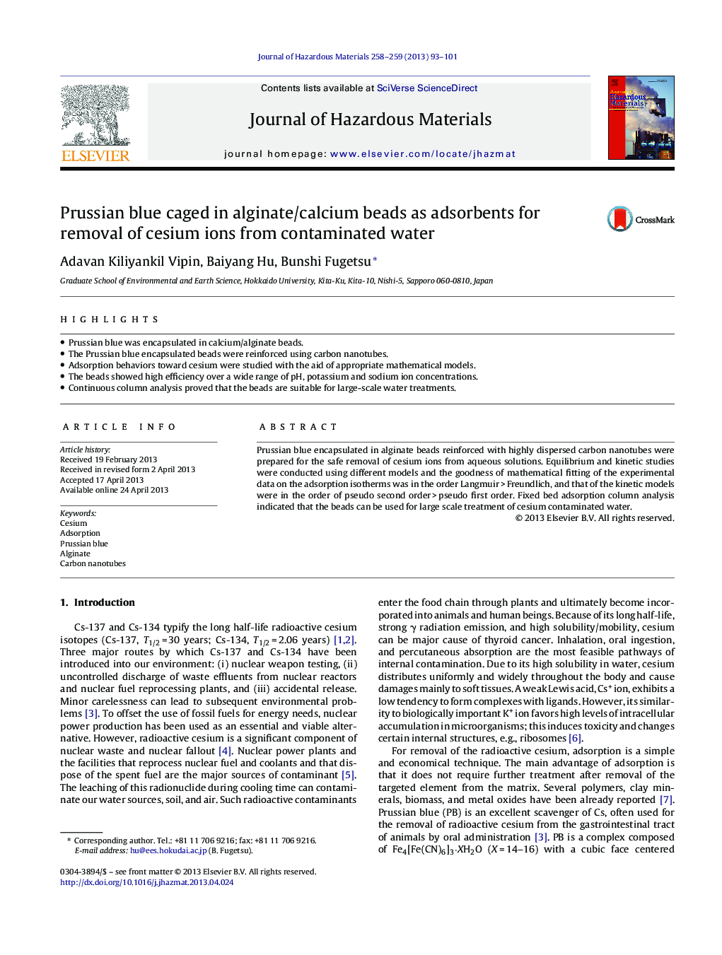 Prussian blue caged in alginate/calcium beads as adsorbents for removal of cesium ions from contaminated water