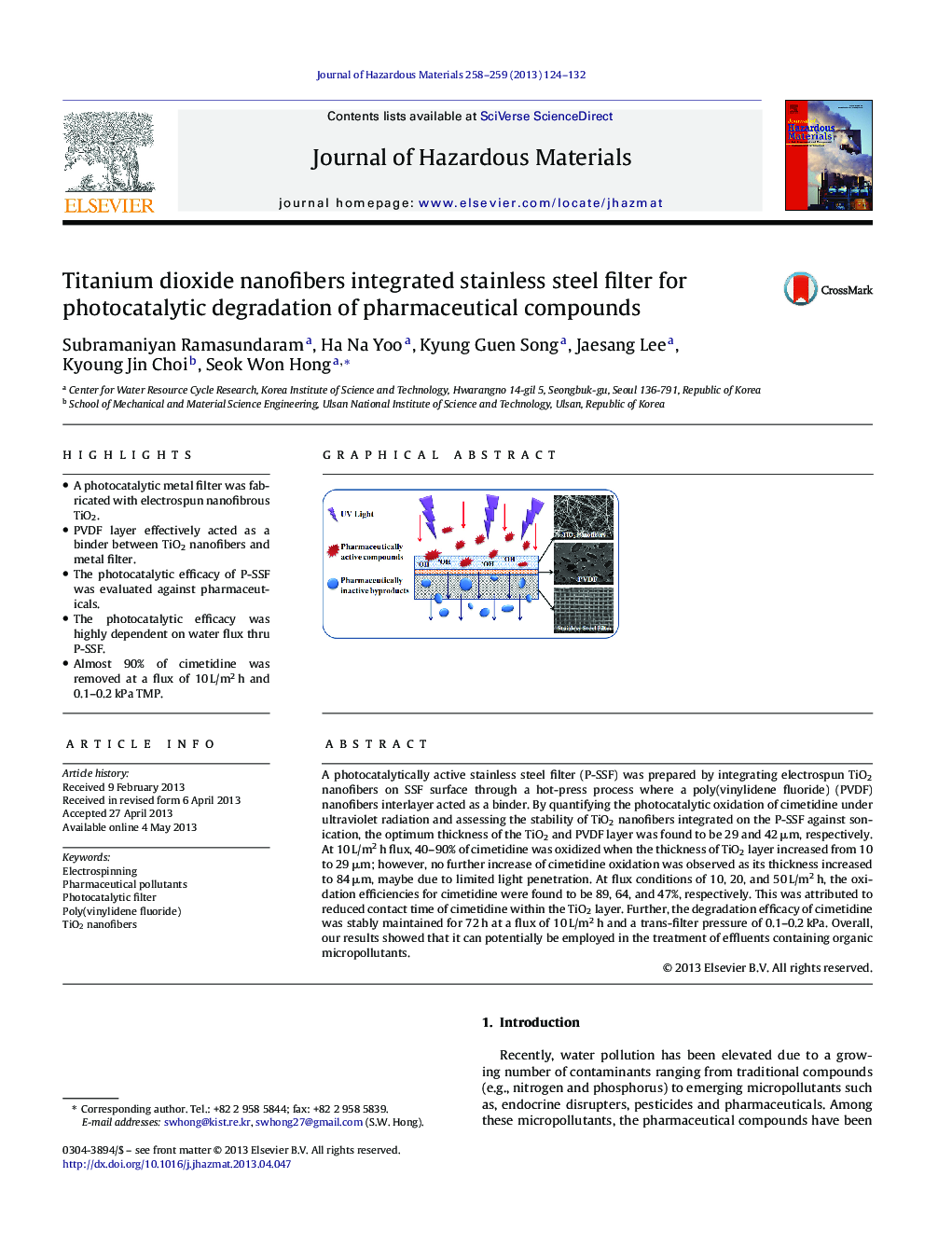 Titanium dioxide nanofibers integrated stainless steel filter for photocatalytic degradation of pharmaceutical compounds