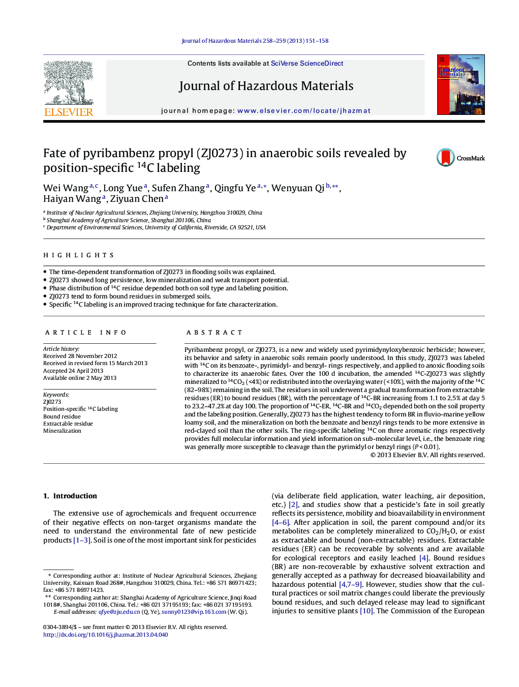عکس صفحه اول مقاله: Fate of pyribambenz propyl (ZJ0273) in anaerobic soils revealed by position-specific 14C labeling Fate of pyribambenz propyl (ZJ0273) in anaerobic soils revealed by position-specific 14C labeling