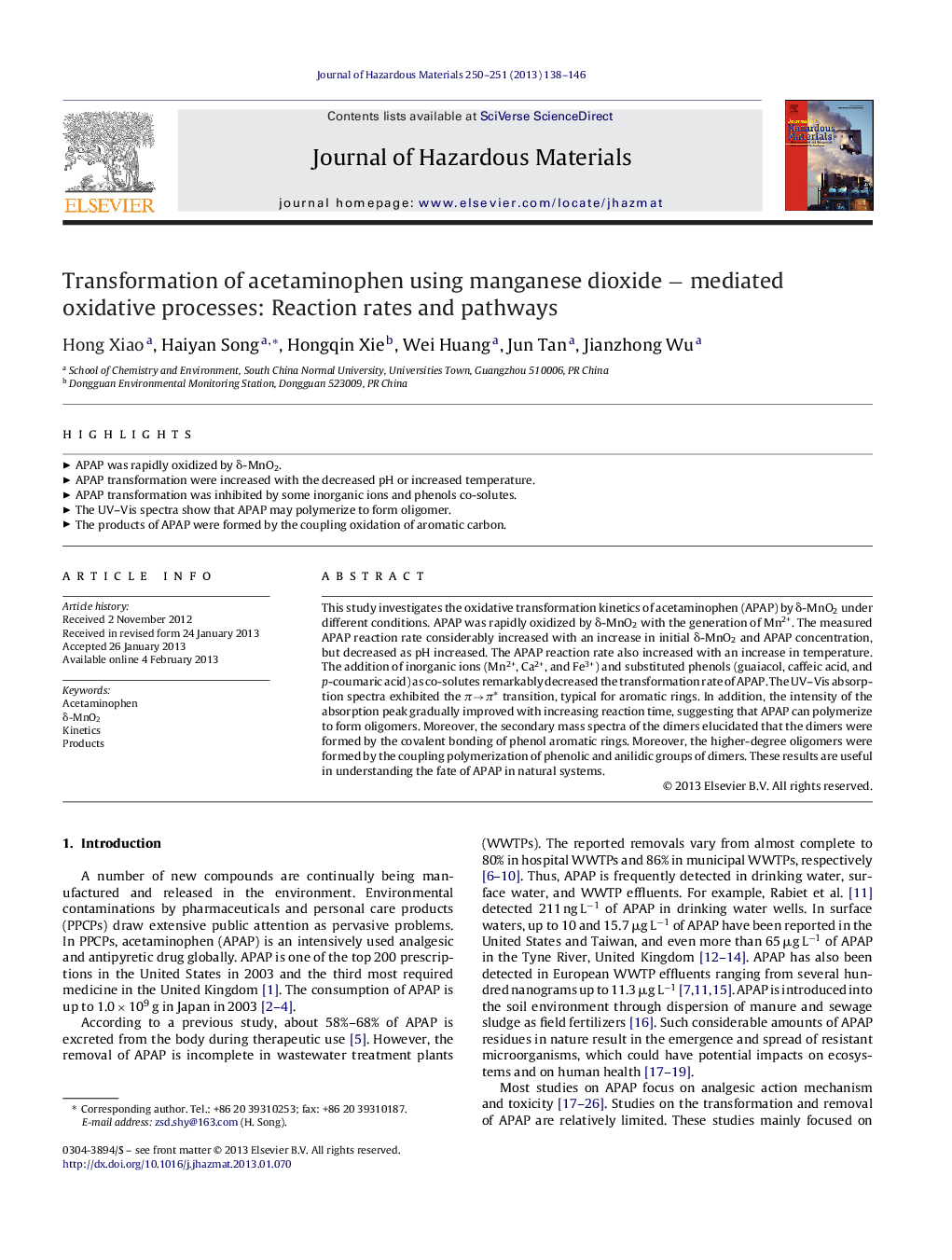 Transformation of acetaminophen using manganese dioxide â mediated oxidative processes: Reaction rates and pathways