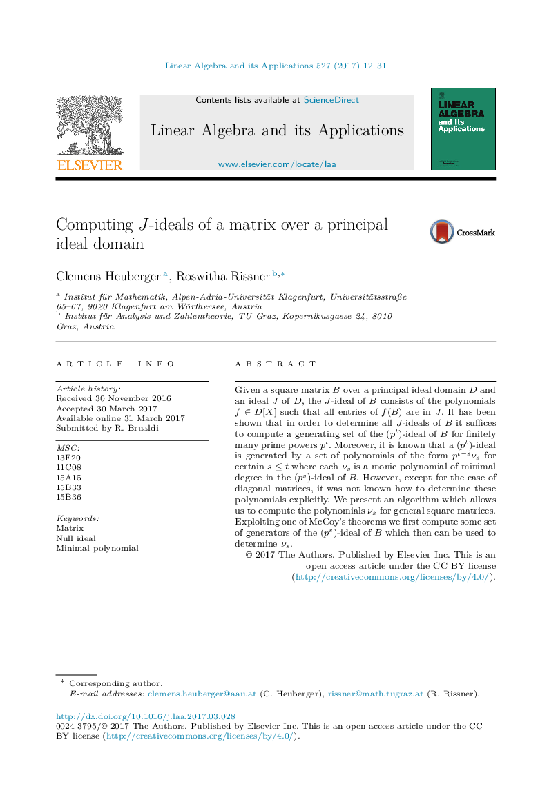 Computing J-ideals of a matrix over a principal ideal domain