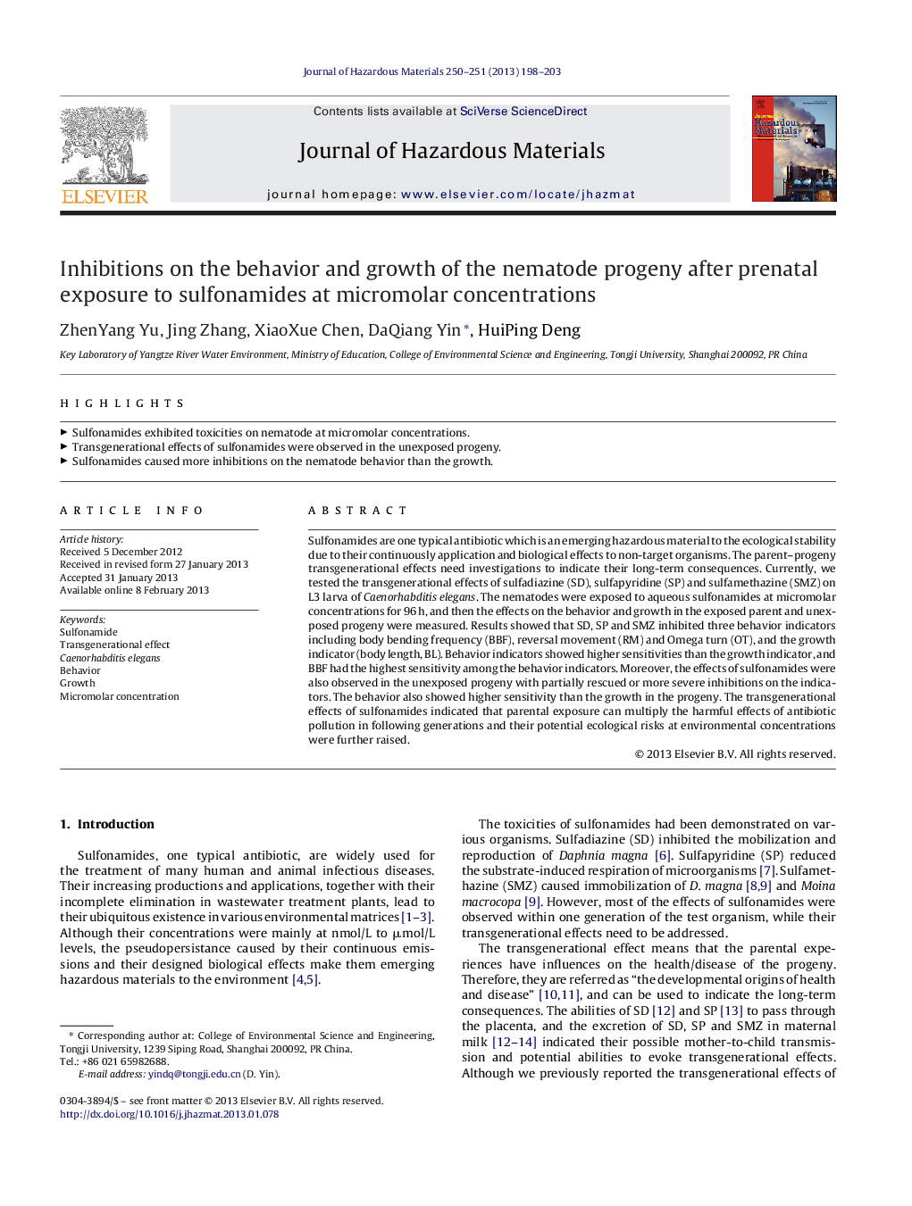 Inhibitions on the behavior and growth of the nematode progeny after prenatal exposure to sulfonamides at micromolar concentrations