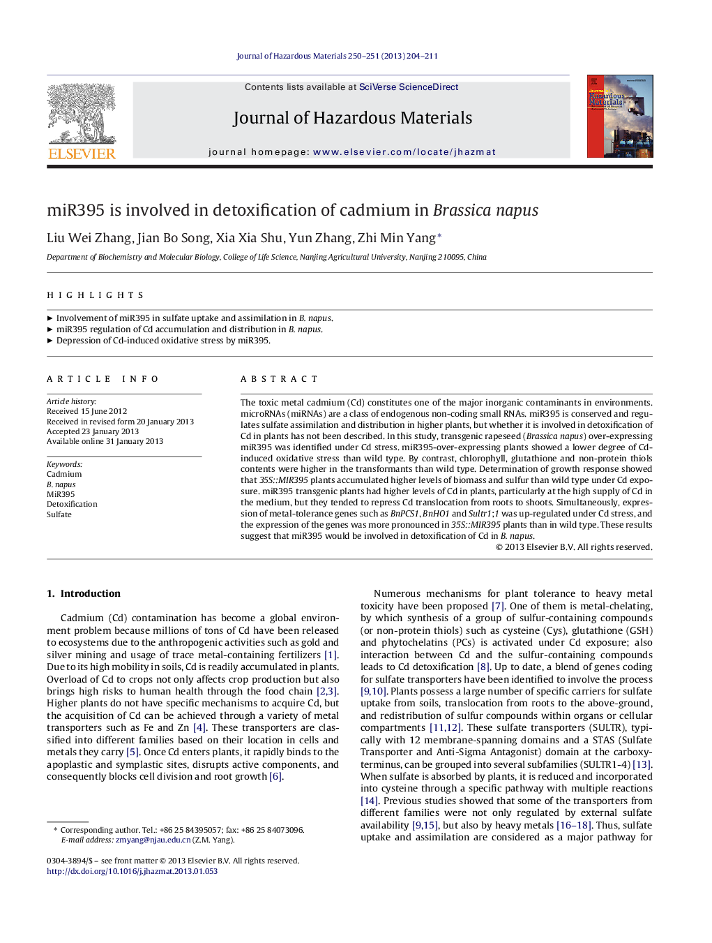 miR395 is involved in detoxification of cadmium in Brassica napus