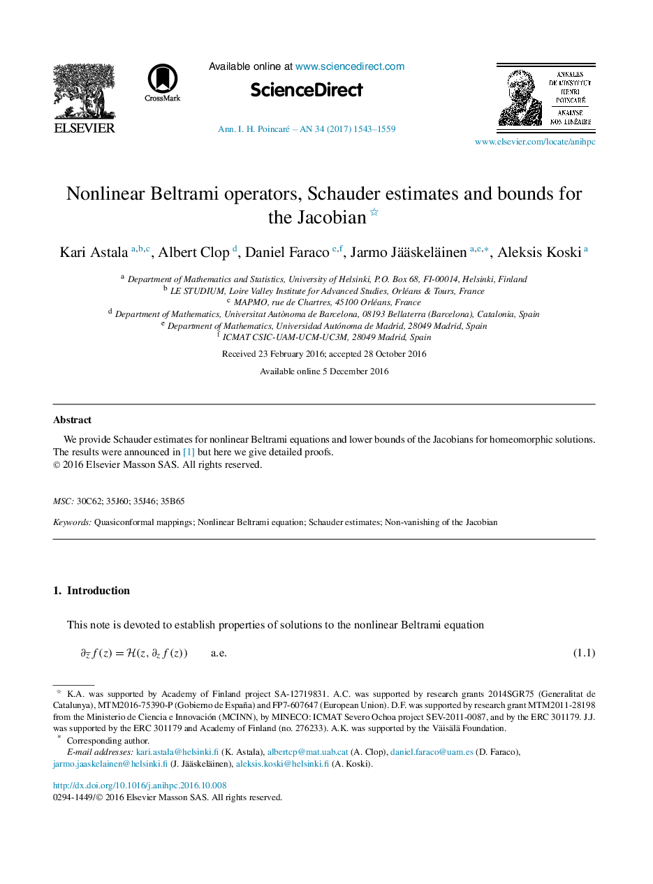 Nonlinear Beltrami operators, Schauder estimates and bounds for the Jacobian