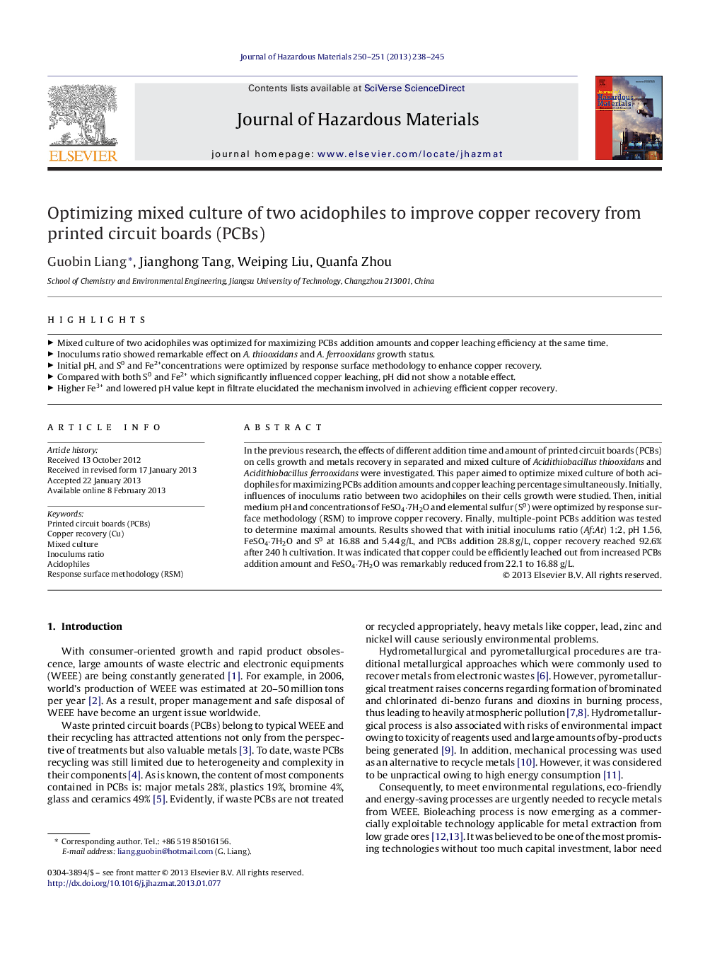 Optimizing mixed culture of two acidophiles to improve copper recovery from printed circuit boards (PCBs)