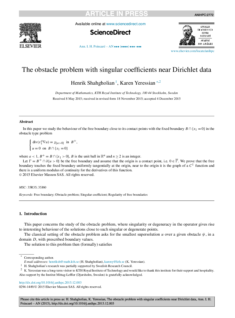 عکس صفحه اول مقاله: The obstacle problem with singular coefficients near Dirichlet data The obstacle problem with singular coefficients near Dirichlet data