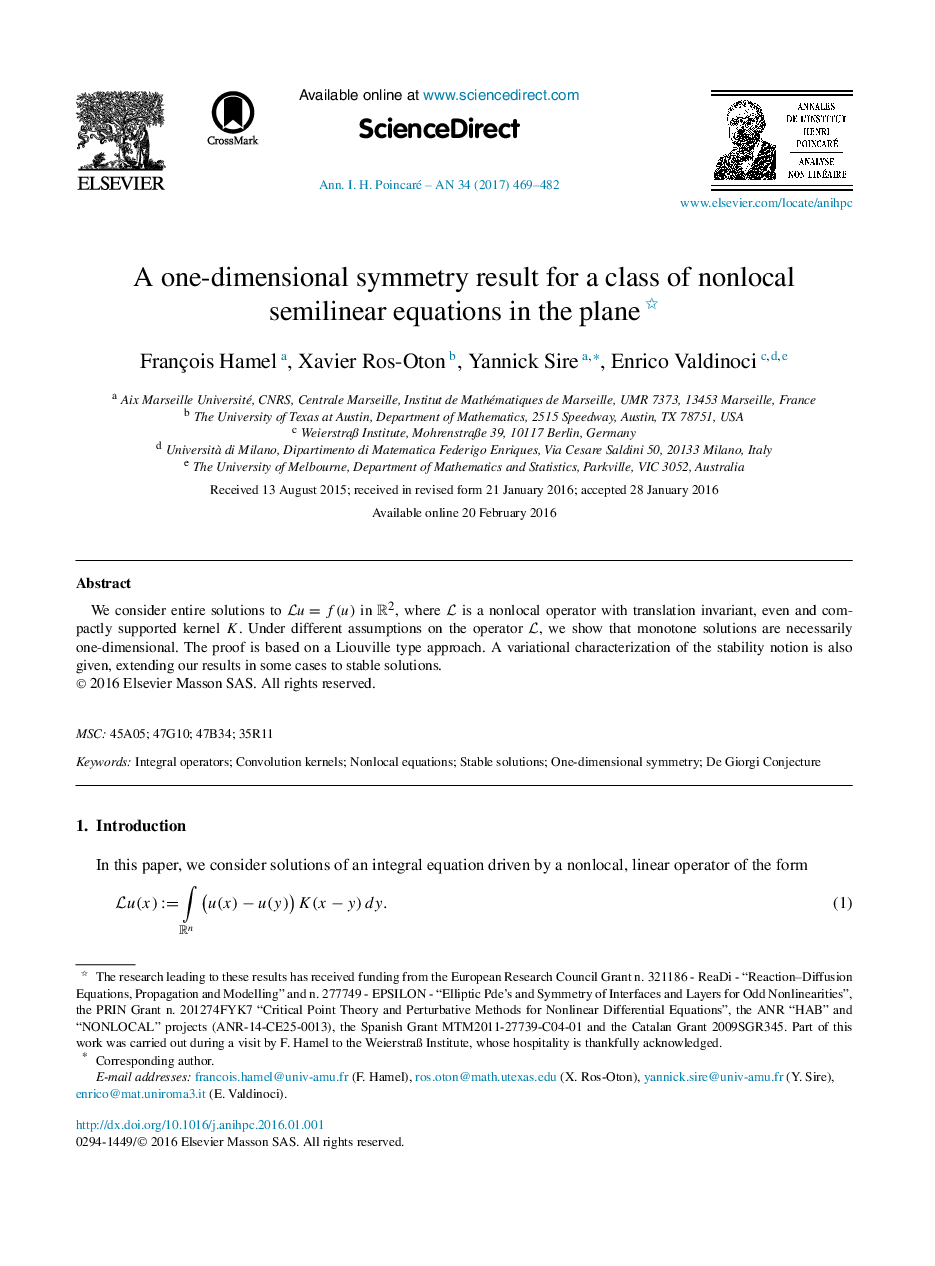 A one-dimensional symmetry result for a class of nonlocal semilinear equations in the plane