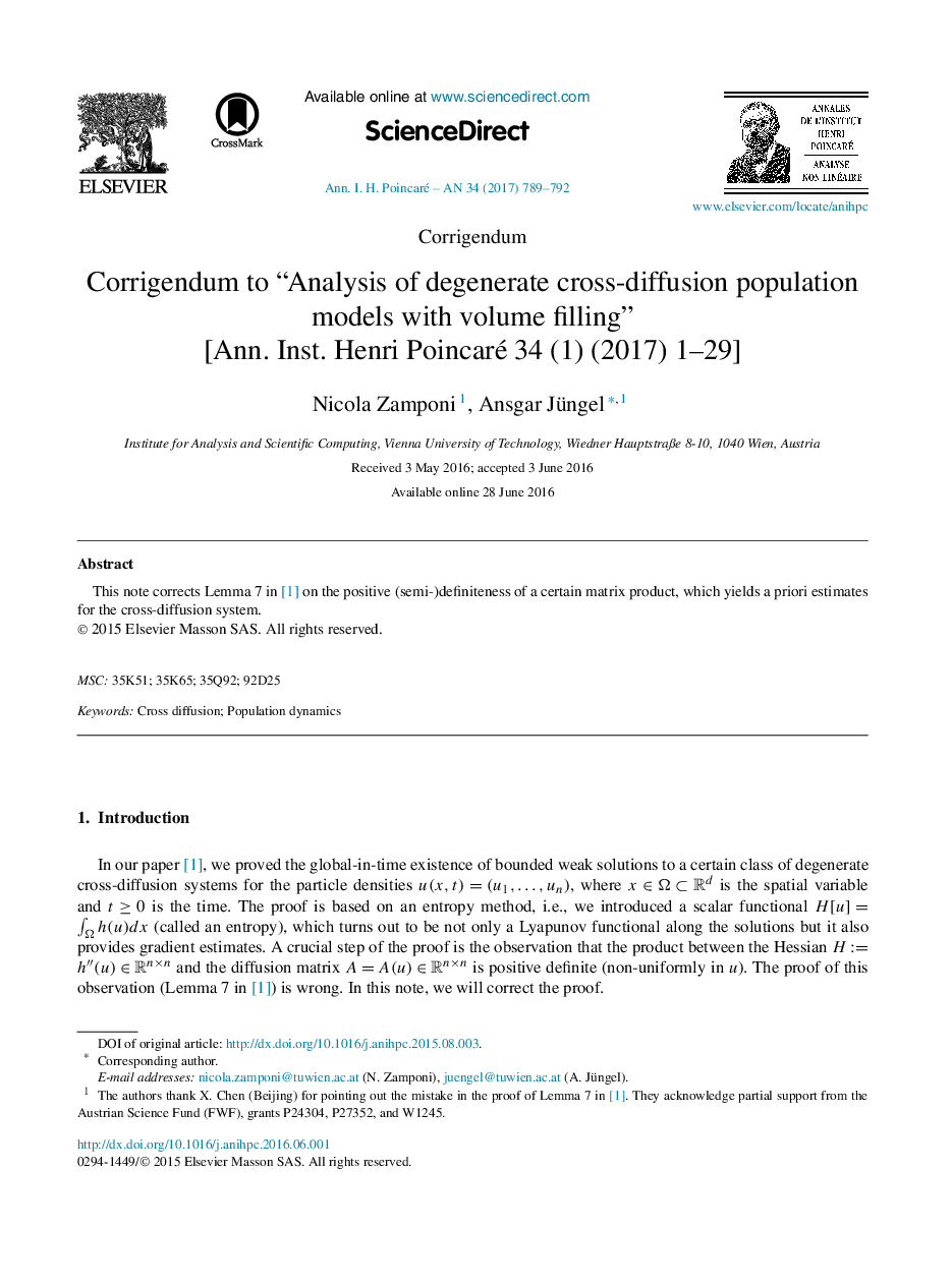 CorrigendumCorrigendum to “Analysis of degenerate cross-diffusion population models with volume filling” [Ann. Inst. Henri Poincaré 34 (1) (2017) 1-29]