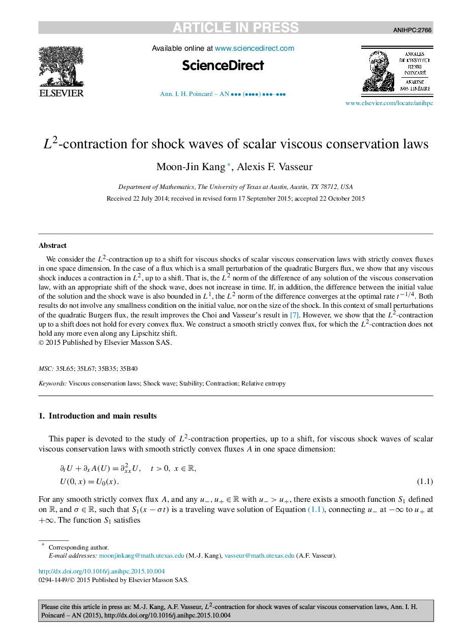 L2-contraction for shock waves of scalar viscous conservation laws