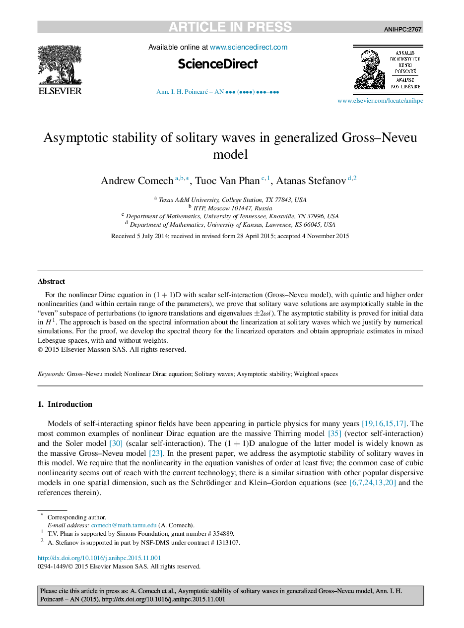 Asymptotic stability of solitary waves in generalized Gross-Neveu model