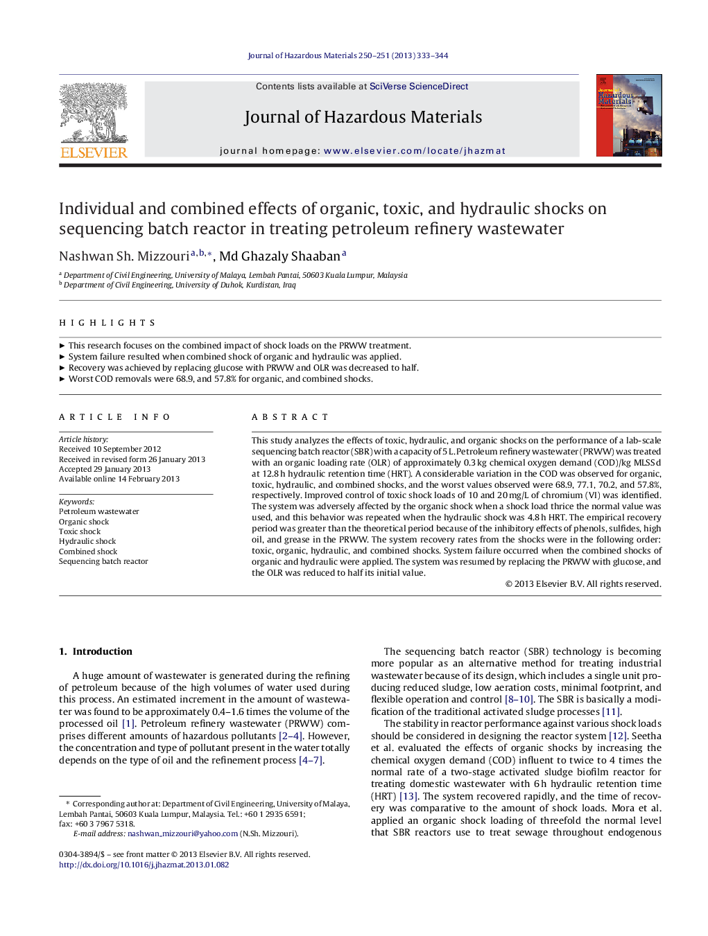 Individual and combined effects of organic, toxic, and hydraulic shocks on sequencing batch reactor in treating petroleum refinery wastewater