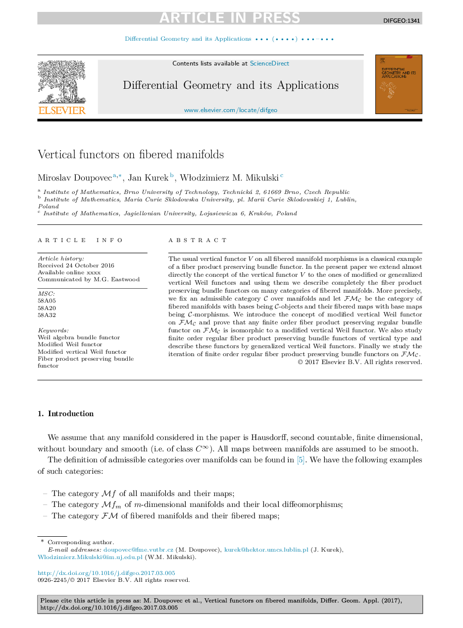 Vertical functors on fibered manifolds