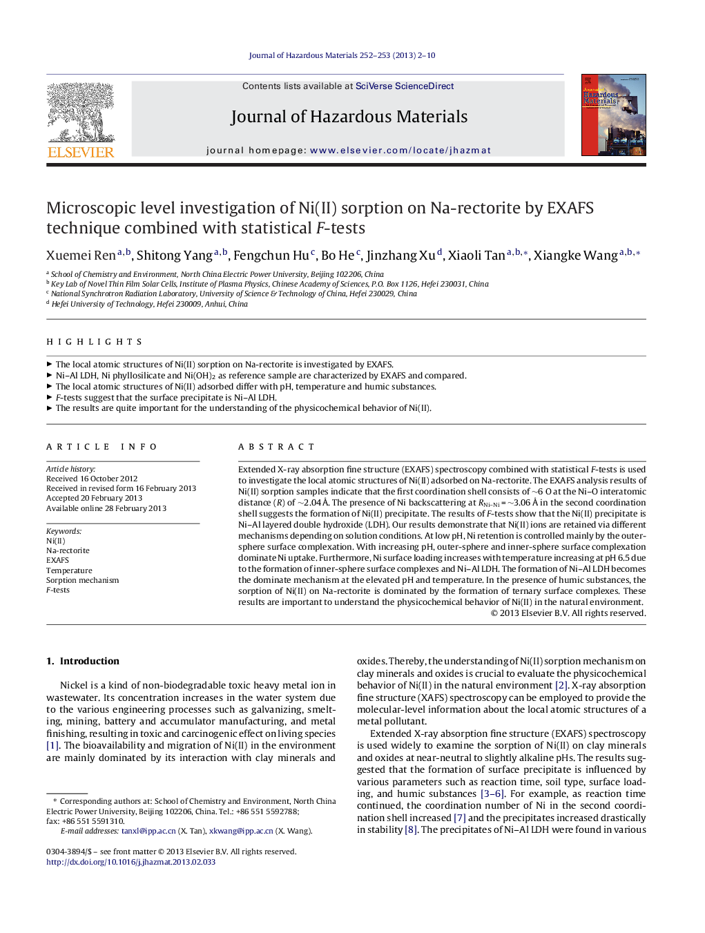 Microscopic level investigation of Ni(II) sorption on Na-rectorite by EXAFS technique combined with statistical F-tests