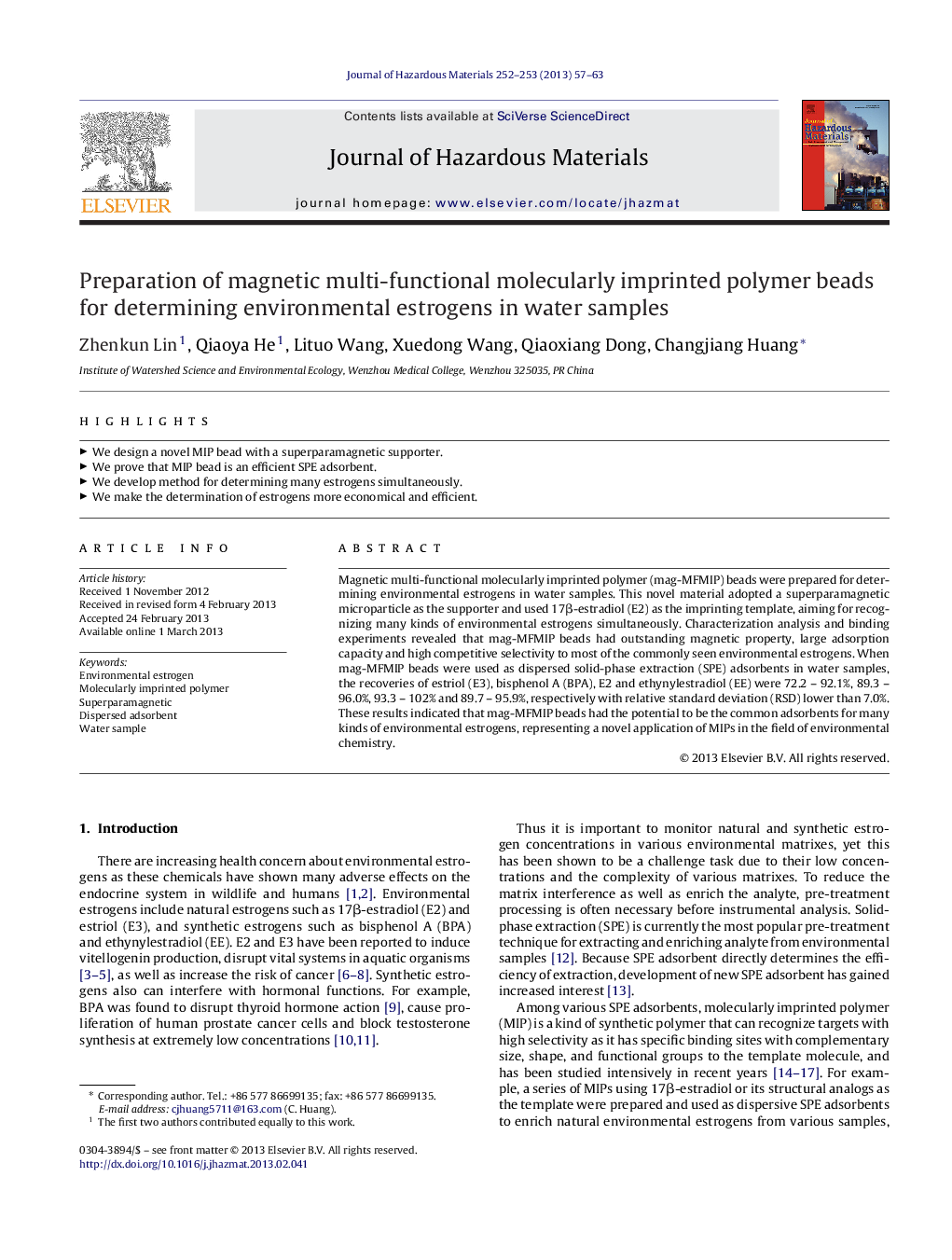 Preparation of magnetic multi-functional molecularly imprinted polymer beads for determining environmental estrogens in water samples