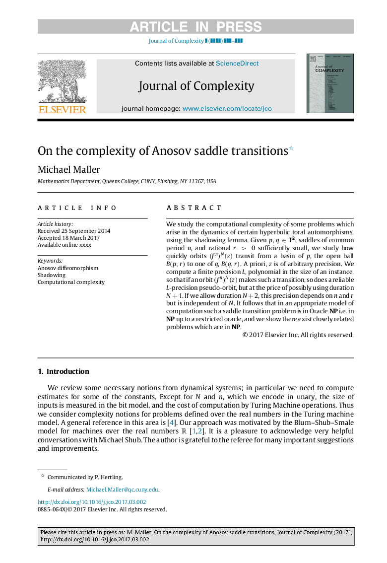 عکس صفحه اول مقاله: On the complexity of Anosov saddle transitions On the complexity of Anosov saddle transitions