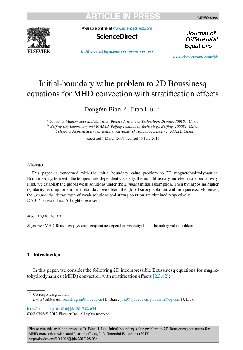 Initial-boundary value problem to 2D Boussinesq equations for MHD convection with stratification effects