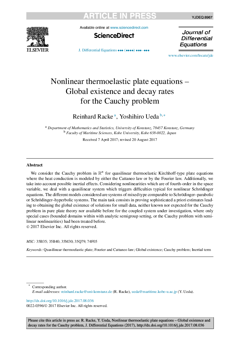 Nonlinear thermoelastic plate equations - Global existence and decay rates for the Cauchy problem