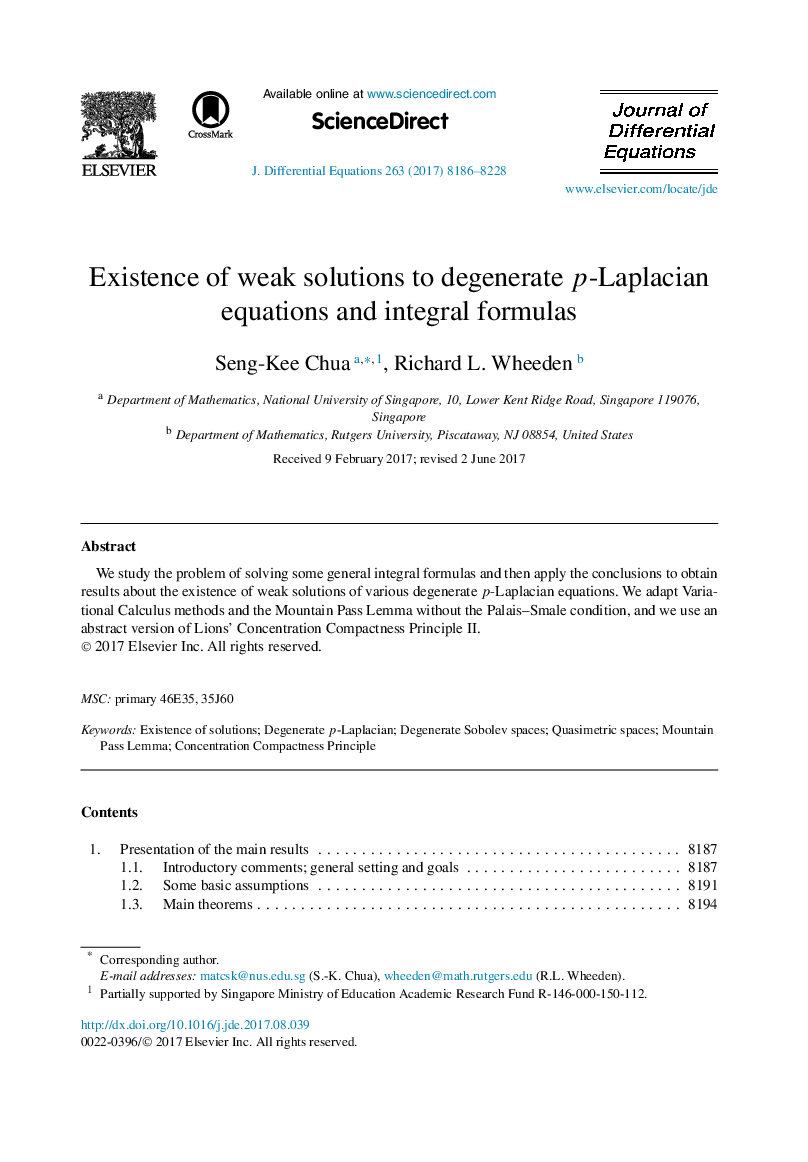 Existence of weak solutions to degenerate p-Laplacian equations and integral formulas