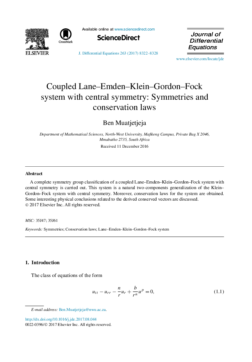 Coupled Lane-Emden-Klein-Gordon-Fock system with central symmetry: Symmetries and conservation laws