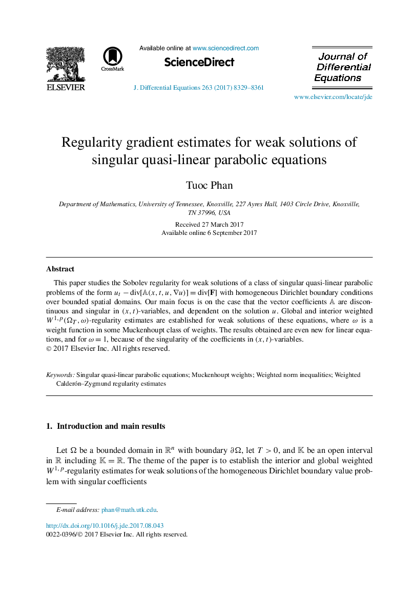 عکس صفحه اول مقاله: Regularity gradient estimates for weak solutions of singular quasi-linear parabolic equations Regularity gradient estimates for weak solutions of singular quasi-linear parabolic equations