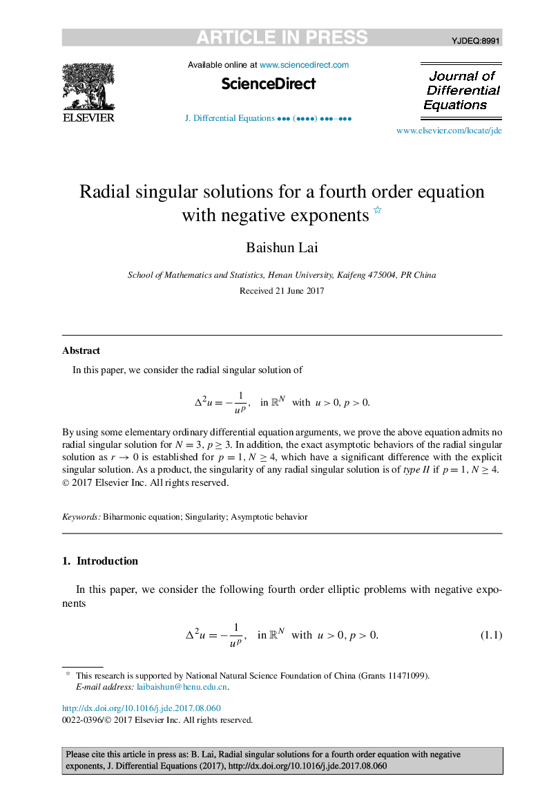Radial singular solutions for a fourth order equation with negative exponents