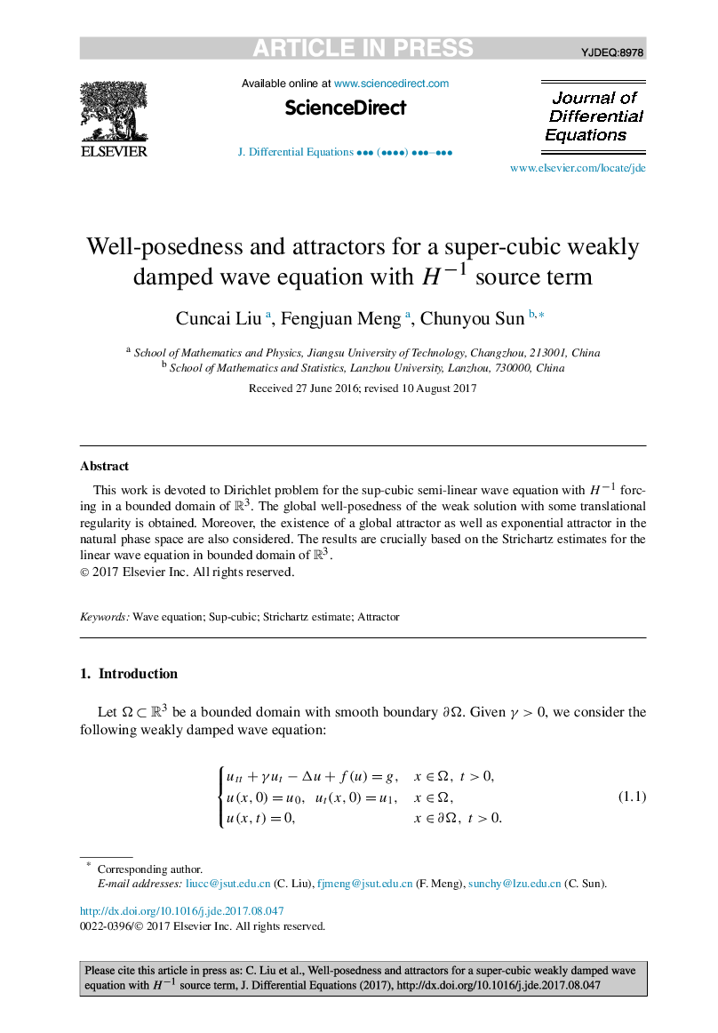 Well-posedness and attractors for a super-cubic weakly damped wave equation with Hâ1 source term