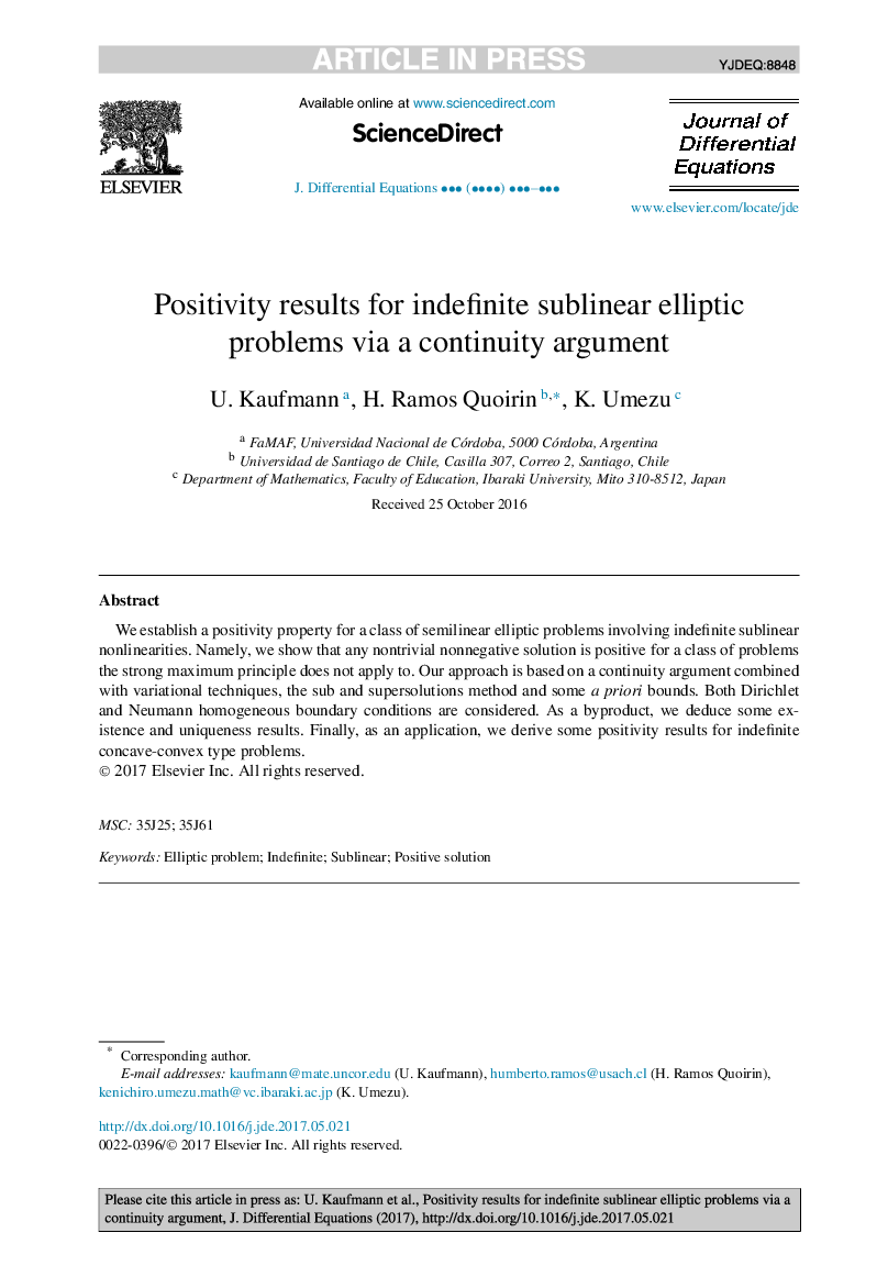 Positivity results for indefinite sublinear elliptic problems via a continuity argument
