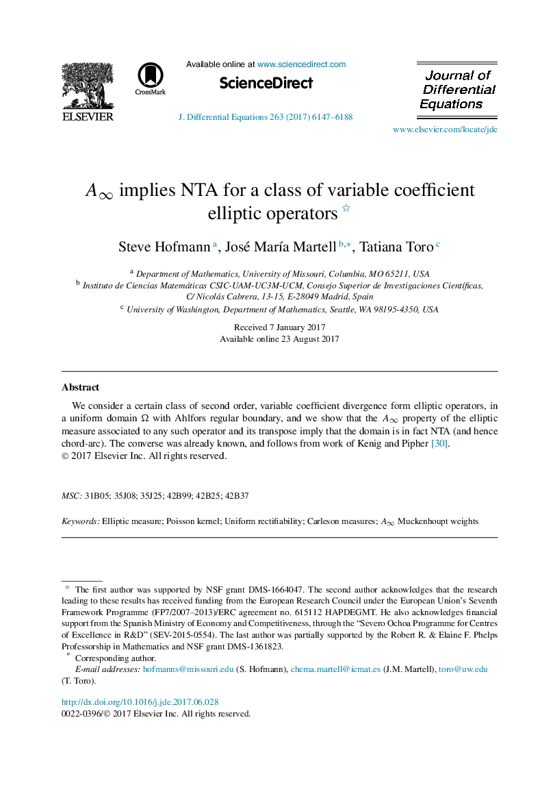 Aâ implies NTA for a class of variable coefficient elliptic operators