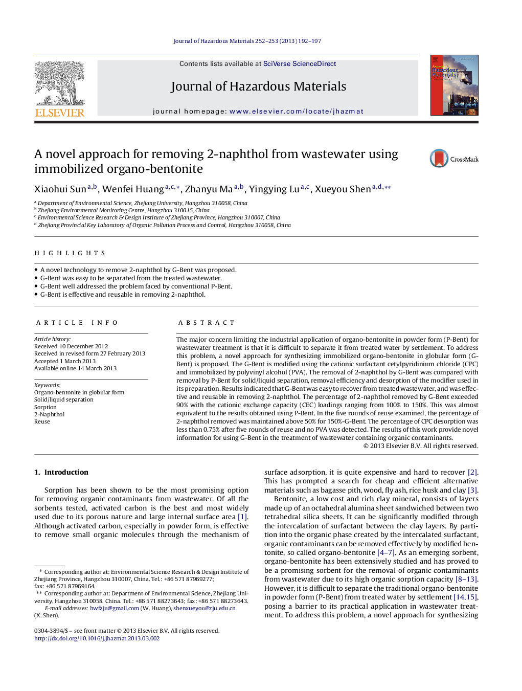 عکس صفحه اول مقاله: A novel approach for removing 2-naphthol from wastewater using immobilized organo-bentonite A novel approach for removing 2-naphthol from wastewater using immobilized organo-bentonite