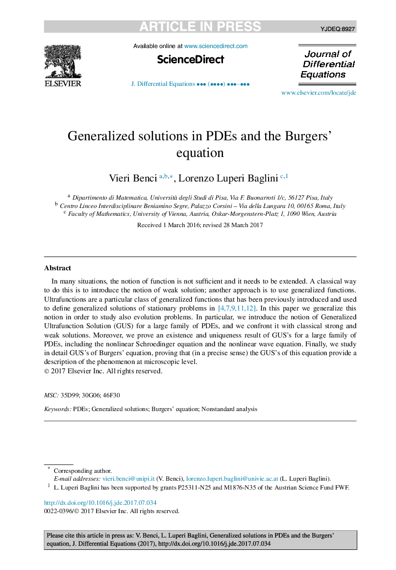 Generalized solutions in PDEs and the Burgers' equation