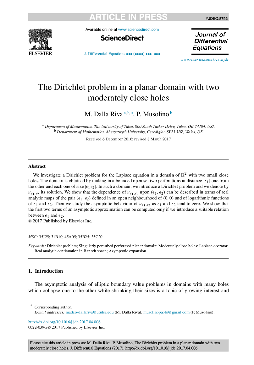 The Dirichlet problem in a planar domain with two moderately close holes