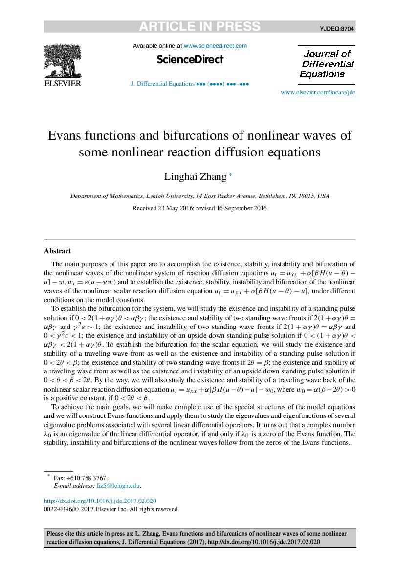 Evans functions and bifurcations of nonlinear waves of some nonlinear reaction diffusion equations