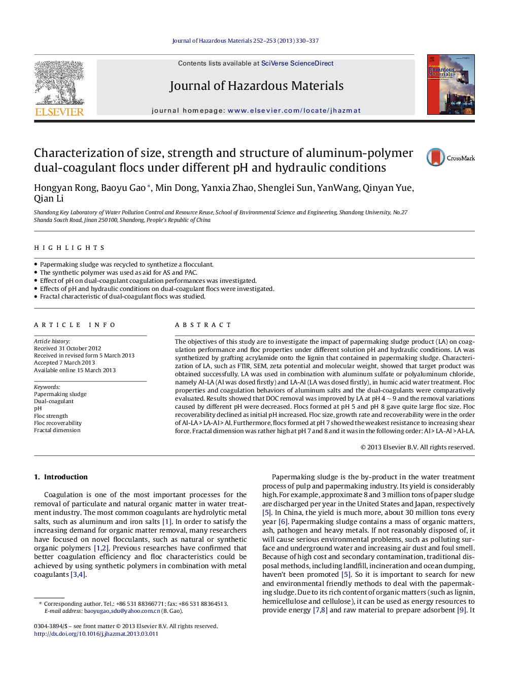 Characterization of size, strength and structure of aluminum-polymer dual-coagulant flocs under different pH and hydraulic conditions