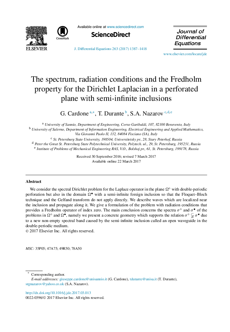The spectrum, radiation conditions and the Fredholm property for the Dirichlet Laplacian in a perforated plane with semi-infinite inclusions