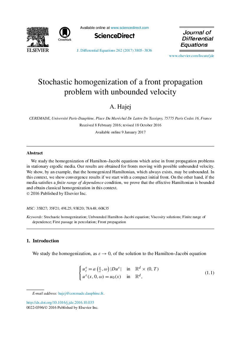 Stochastic homogenization of a front propagation problem with unbounded velocity