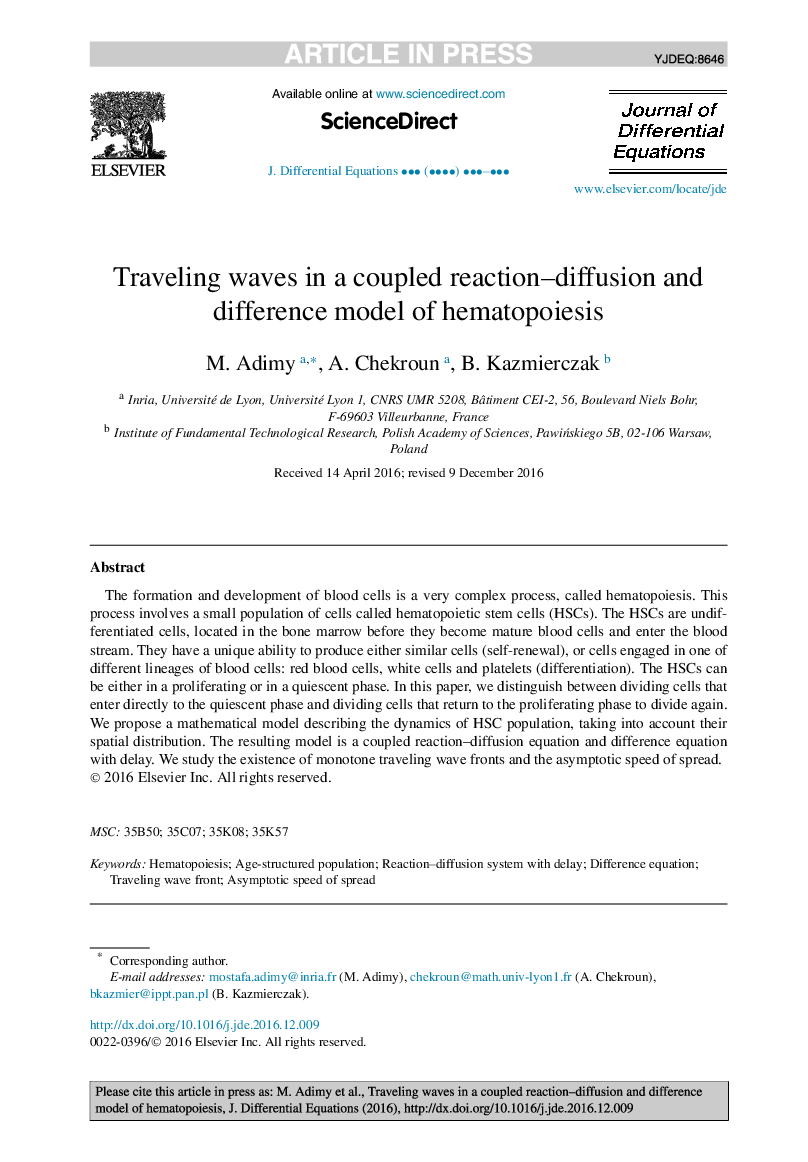 Traveling waves in a coupled reaction-diffusion and difference model of hematopoiesis