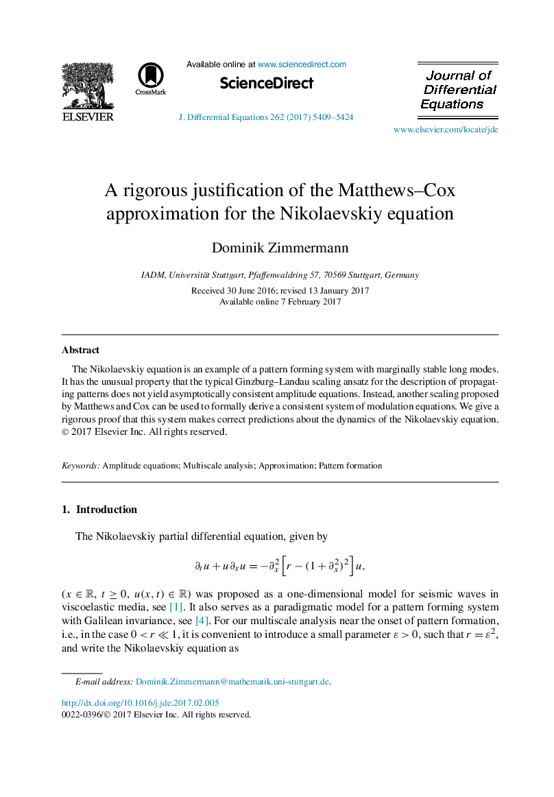 توجیه دقیق تقریبی متیوس آکادمیک کوکس برای معادله نیکلائوفسکی