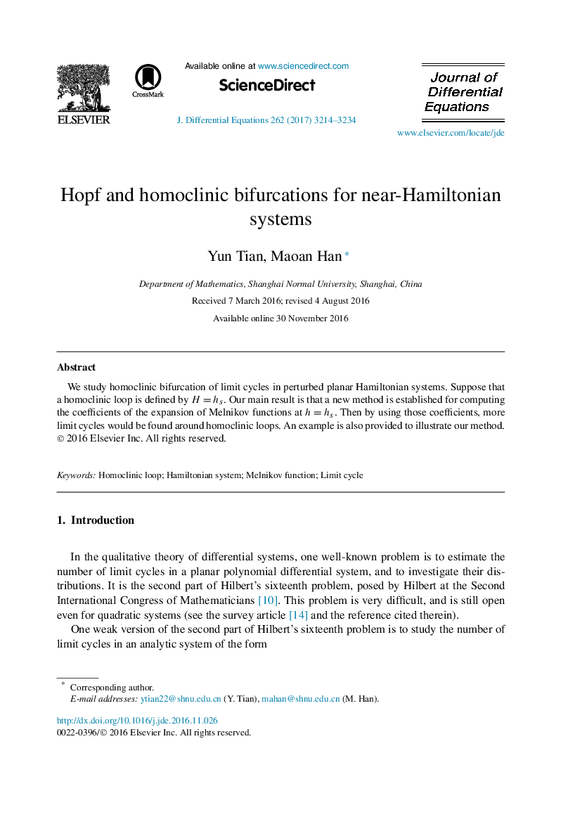 Hopf and homoclinic bifurcations for near-Hamiltonian systems