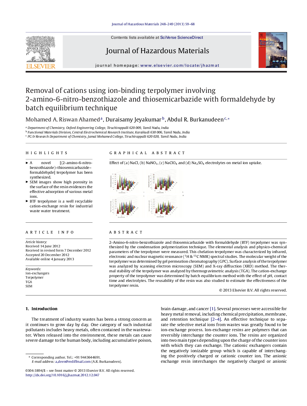 Removal of cations using ion-binding terpolymer involving 2-amino-6-nitro-benzothiazole and thiosemicarbazide with formaldehyde by batch equilibrium technique