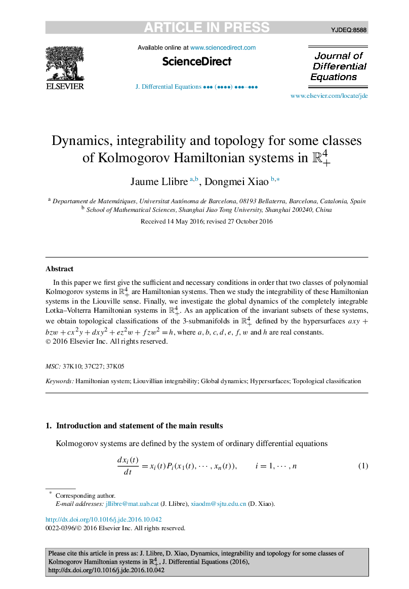 Dynamics, integrability and topology for some classes of Kolmogorov Hamiltonian systems in R+4