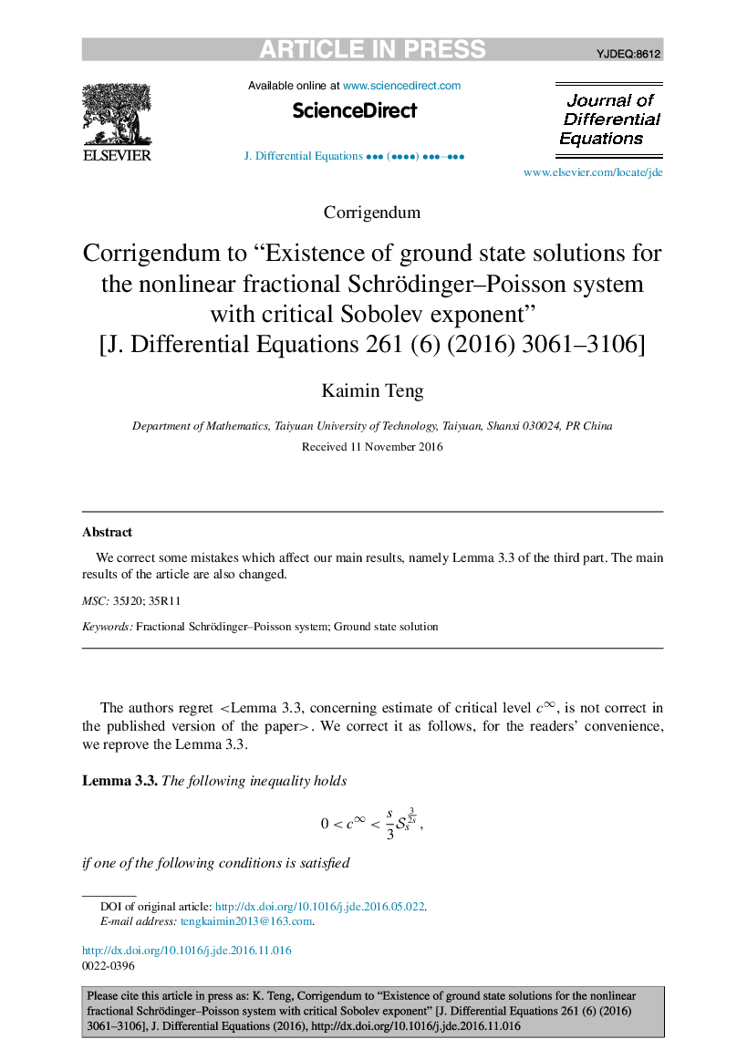 Corrigendum to “Existence of ground state solutions for the nonlinear fractional Schrödinger-Poisson system with critical Sobolev exponent” [J. Differential Equations 261 (6) (2016) 3061-3106]