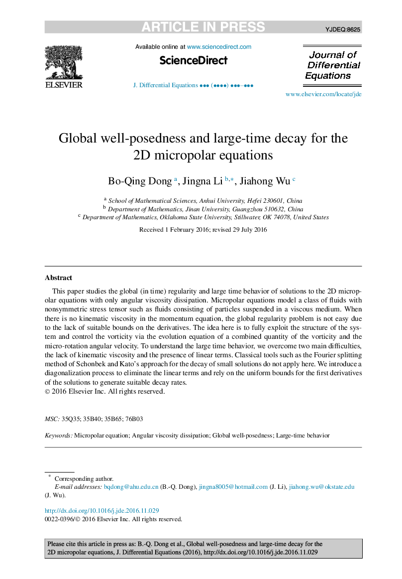 Global well-posedness and large-time decay for the 2D micropolar equations