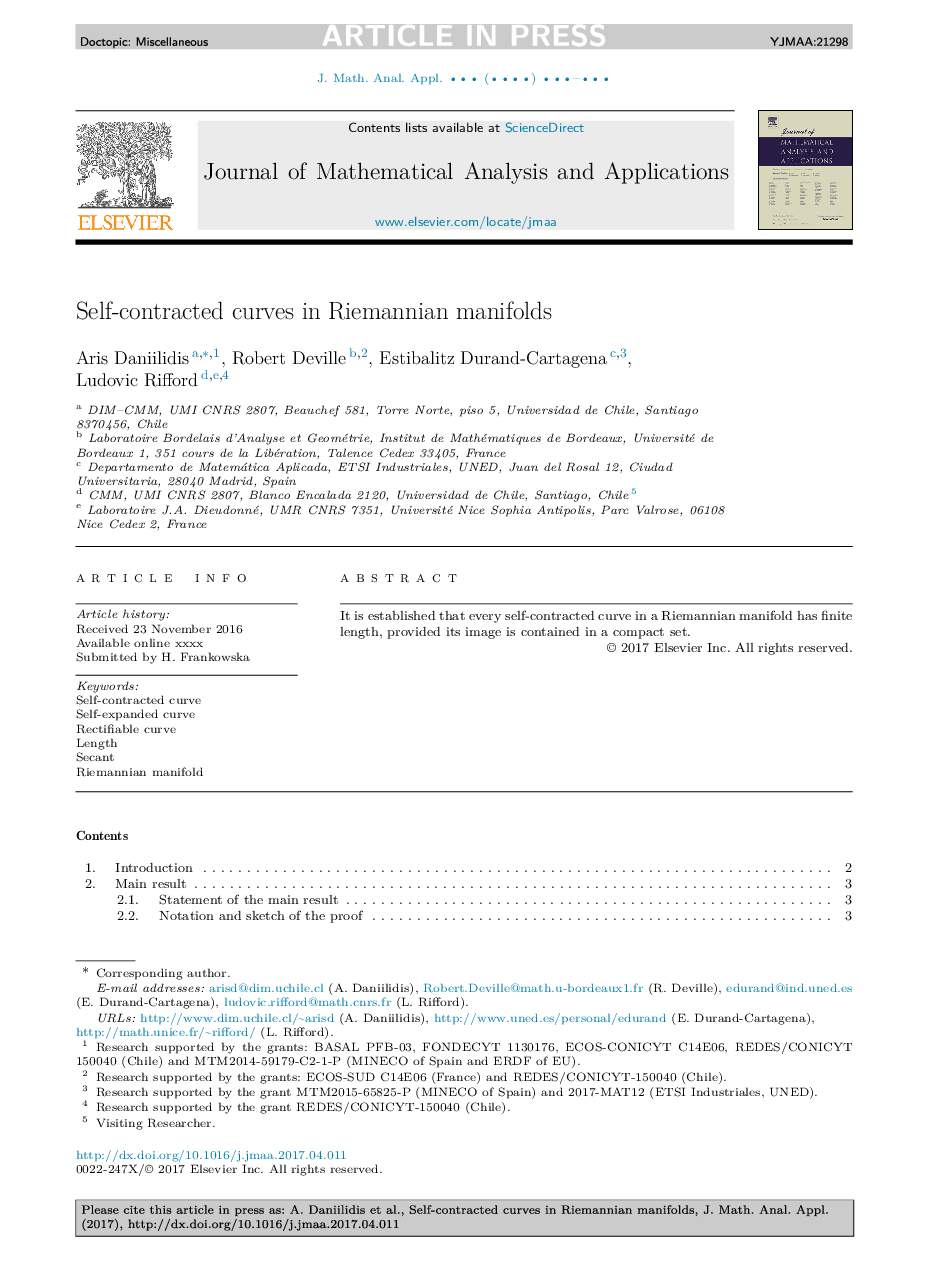 Self-contracted curves in Riemannian manifolds