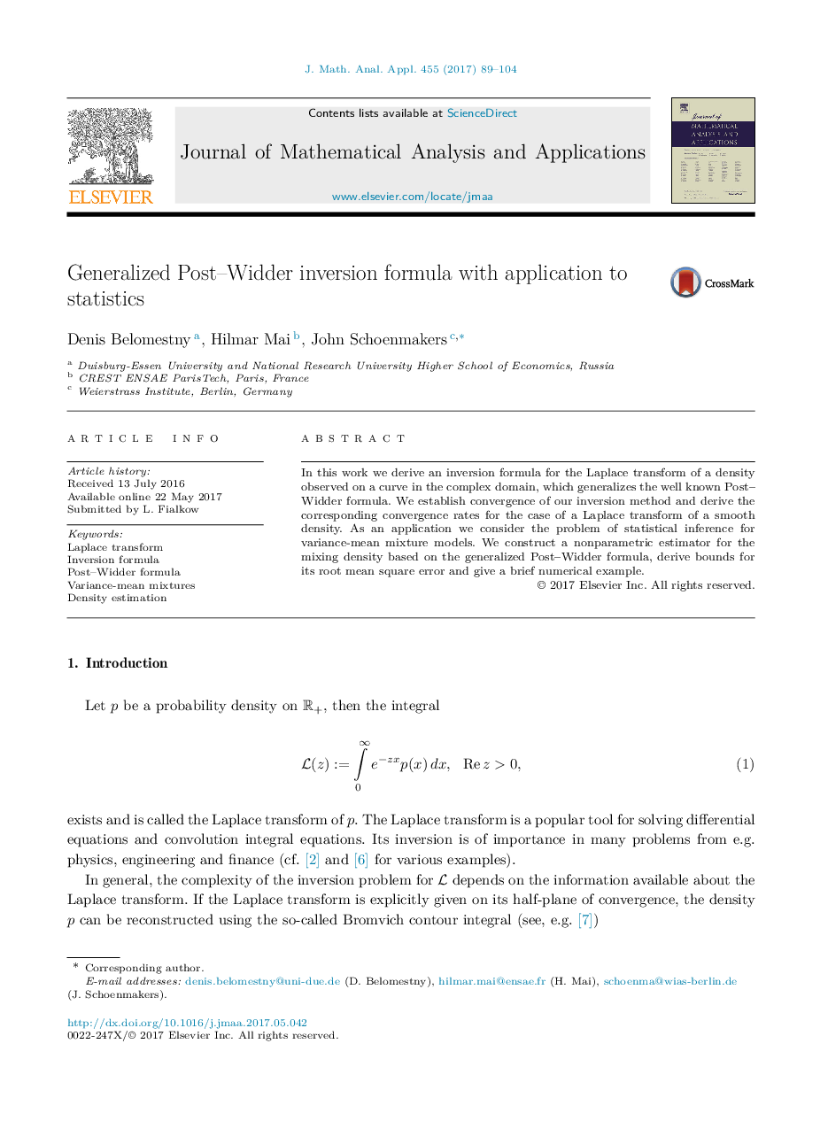 Generalized Post-Widder inversion formula with application to statistics