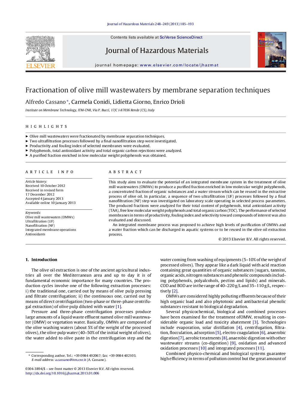 Fractionation of olive mill wastewaters by membrane separation techniques