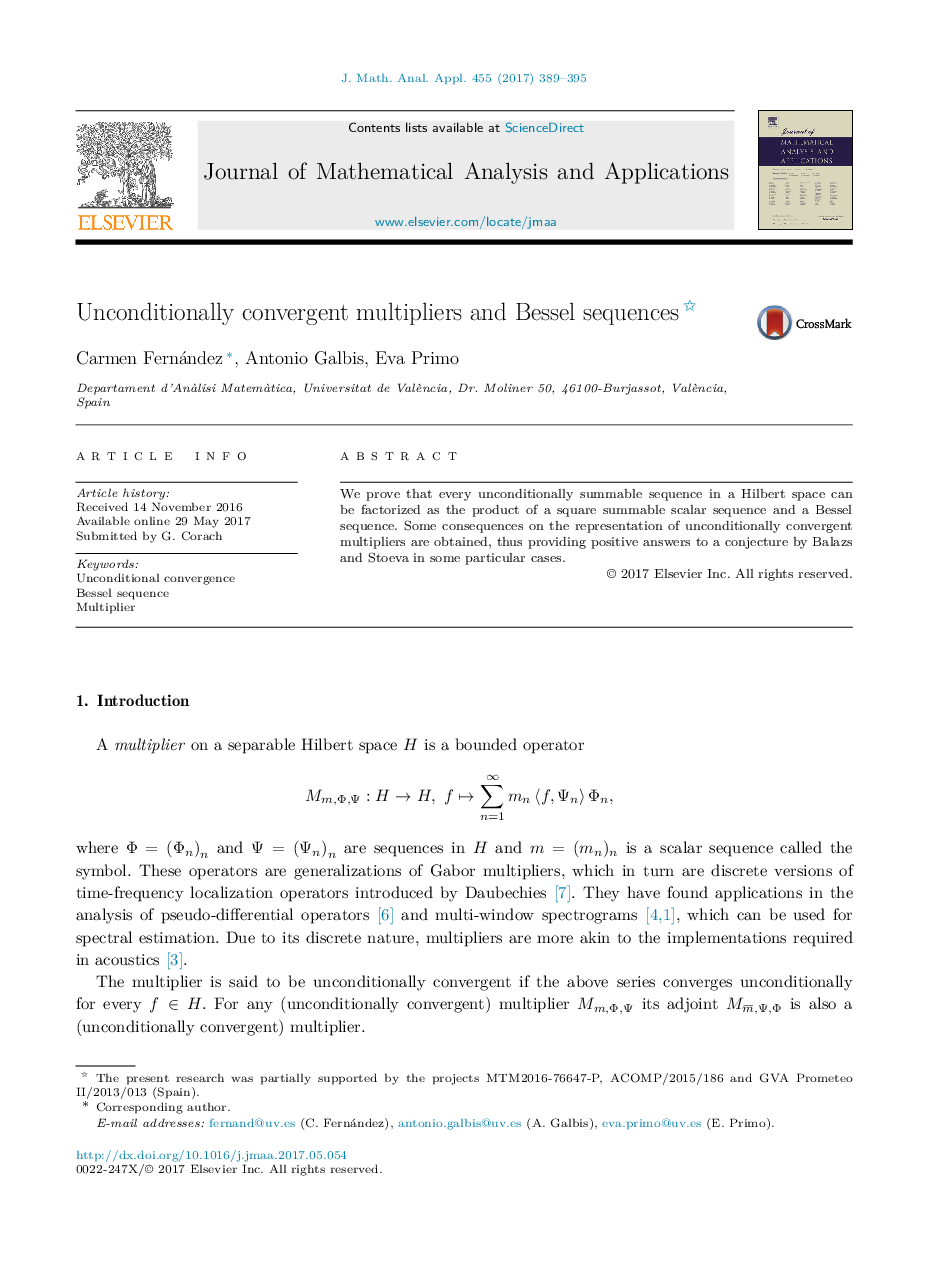 Unconditionally convergent multipliers and Bessel sequences