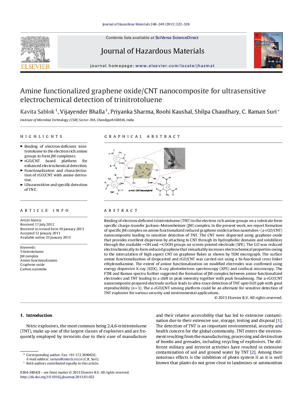 Amine functionalized graphene oxide/CNT nanocomposite for ultrasensitive electrochemical detection of trinitrotoluene