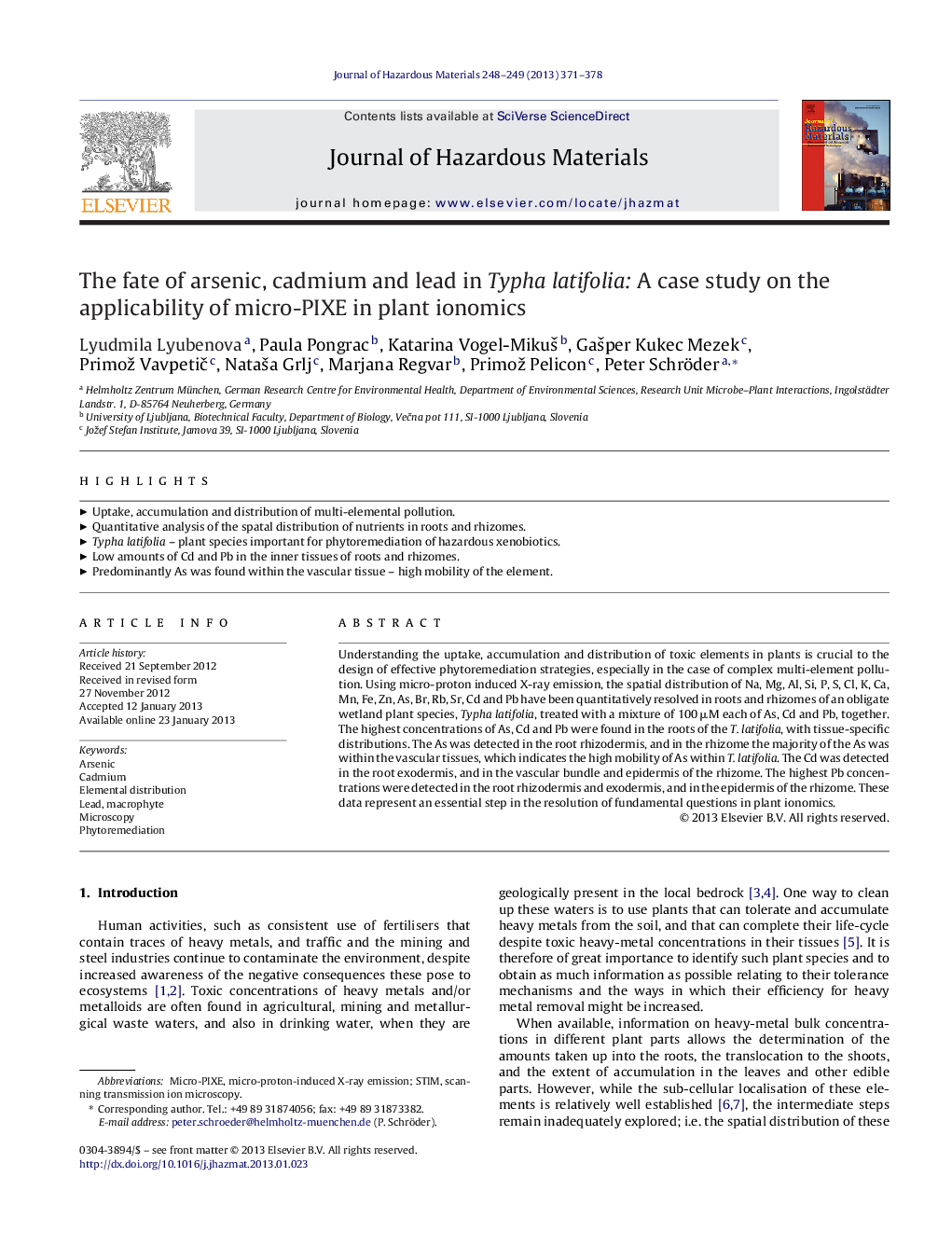 The fate of arsenic, cadmium and lead in Typha latifolia: A case study on the applicability of micro-PIXE in plant ionomics