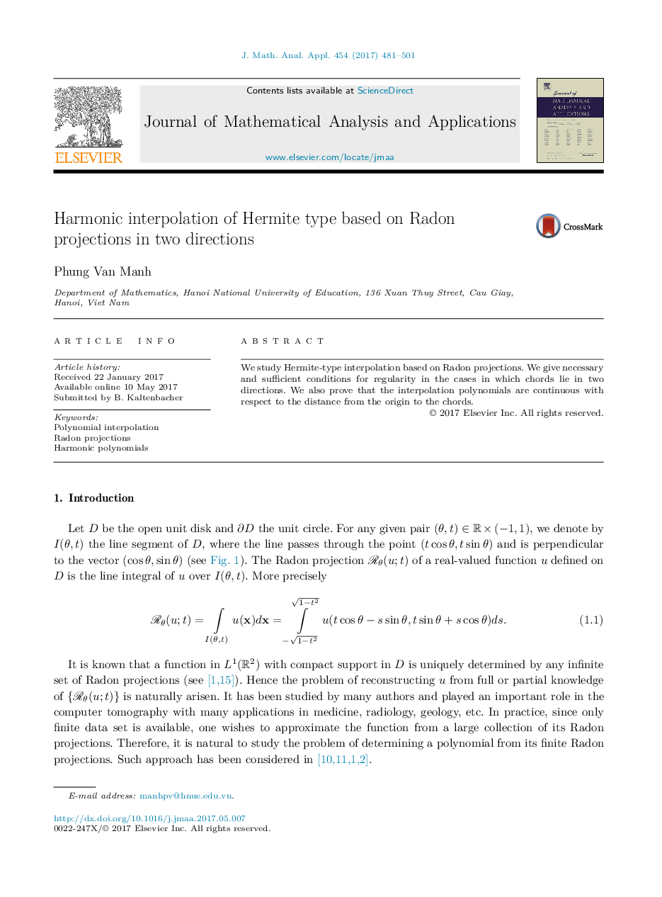 Harmonic interpolation of Hermite type based on Radon projections in two directions